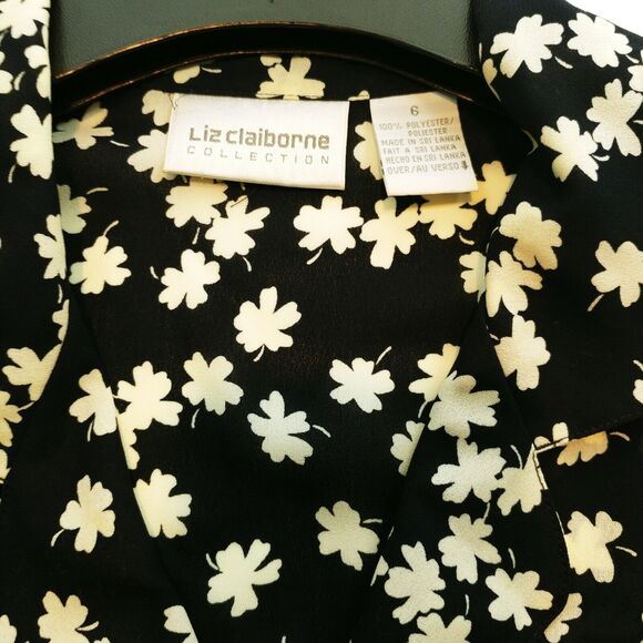 Liz Claiborne Collection Sz 6 Blouse navy blue white clover pattern lucky - Picture 4 of 4